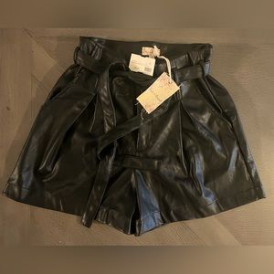 Faux Leather Paper Bag Waist Belt Tie Shorts- Size: Small